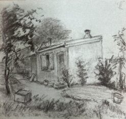 Vintage Charcoal Drawing of a Quaint Cottage Surrounded by Trees Landscape