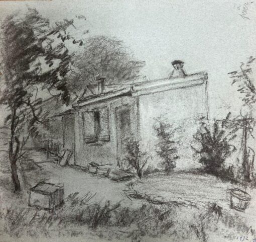 Vintage Charcoal Drawing of a Quaint Cottage Surrounded by Trees Landscape