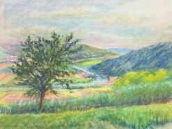 Vintage Pastel Landscape of Verdant Valleys and Winding River Bright Colors