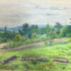 Vintage Landscape with Rolling Hills Countryside with Vibrant Green Meadow