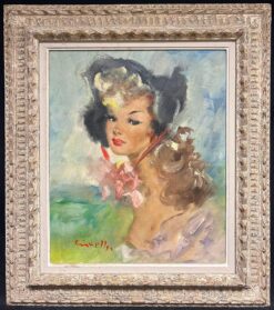 1950's French Oil Elegant Portrait of a Woman with Floral Accents in Bonnet