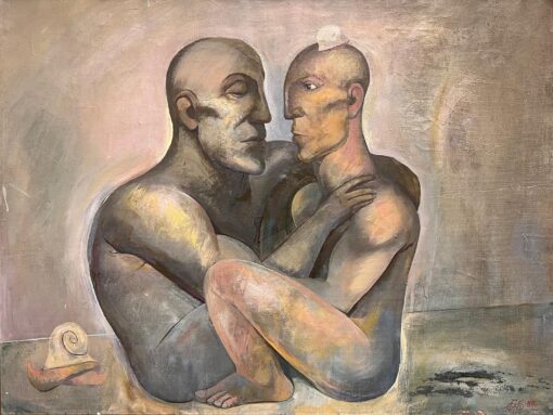 Russian Modernist 1900-1999 Oil Painting Male Nudes in Embrace Abstract