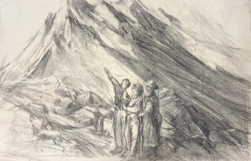 Explorers in the Mountains Evocative Charcoal Sketch Depicting an Alpine Scene