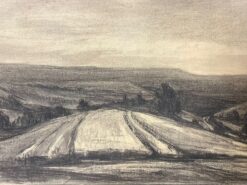 Vast Countryside View Charcoal Landscape Sketch with Rolling Fields Distant Hill