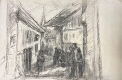 Village Gathering Charcoal Sketch of a Quaint European Street Scene with Figures