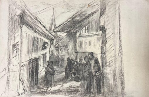 Village Gathering Charcoal Sketch of a Quaint European Street Scene with Figures