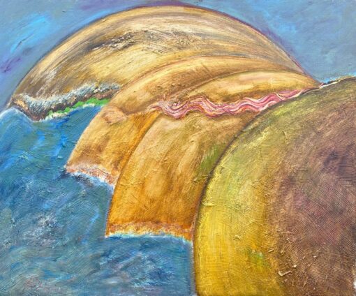 French 1900-1999 Painting Layered Earth-Like Spheres in Abstract Composition