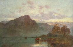 Antique Scottish Highland Loch Cattle at Sunset Atmospheric Oil Painting