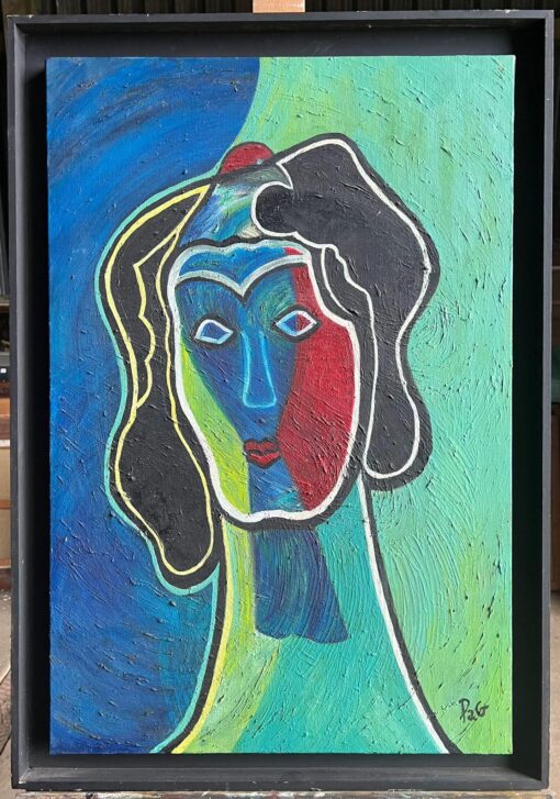 French Contemporary Abstract Portrait Oil Painting in Vibrant Color Blocks