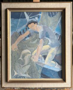 1950's French Modernist Blue Figurative Oil Painting of a Fisherman Mending Nets
