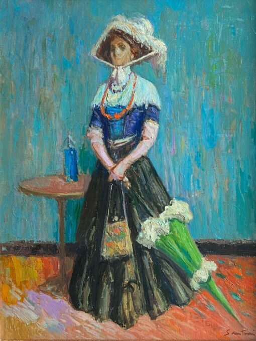 Fine French Impressionist Oil Painting Portrait Elegant Lady with Parasol