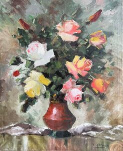 Mid 1900-1999 French Vintage Floral Still Life with Roses in a Red Vase