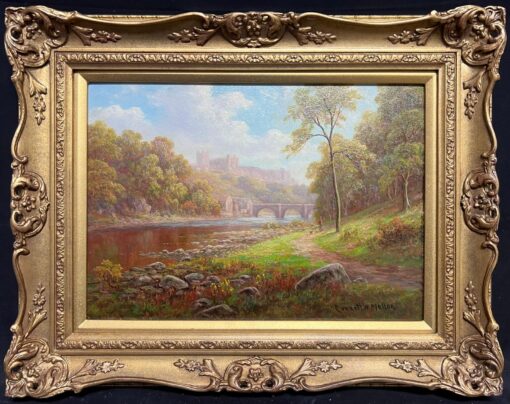 Antique English Oil Tranquil Riverside Landscape Richmond Castle Yorkshire