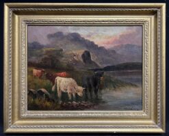Highland Cattle at Dusk Antique Scottish Loch & Mountains Signed Oil Painting
