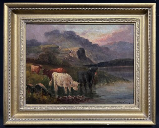 Highland Cattle at Dusk Antique Scottish Loch & Mountains Signed Oil Painting