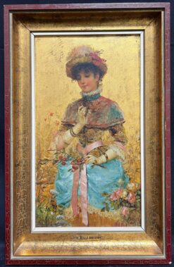 Fine 1880's Elegant Portrait Belle Epoque Lady in Blossom Setting Oil Painting
