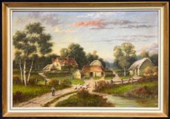 Antique English Countryside Oil Painting Shepherd with Sheep and Rural Farmstead