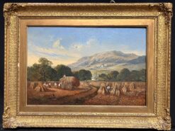 1800 - 1840 Welsh Oil Painting Harvest Time Loading Haycart Mountains