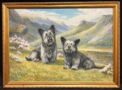 Two Cairn Highland Terriers Dogs in Scottish Highlands Landscape signed painting