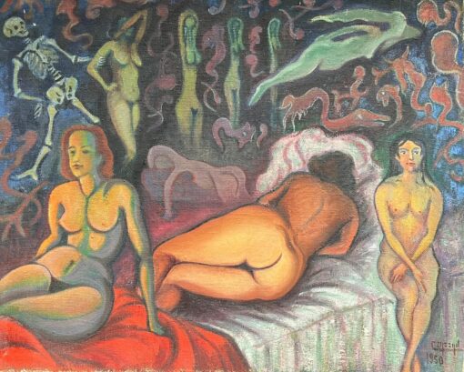 1950's French Surrealist Signed Huge Oil Painting Nudes Dreamscape with Skeleton