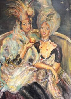 Two Ladies Venetian Carnival Dressed Huge Signed Oil Painting Mid 1900-1999