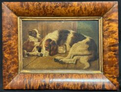 1800-1899 British Dog Painting Spaniel & Her Puppy Flagstone Floor Barn