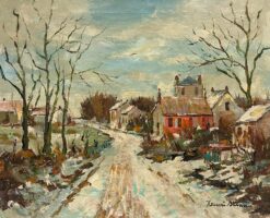 French Impressionist Signed Oil Winter Village Scene Snow-Covered Landscape