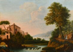 Early 1800's Italian Oil Painting Romantic Light Landscape Figure by River