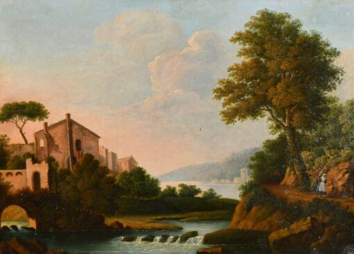 Early 1800's Italian Oil Painting Romantic Light Landscape Figure by River