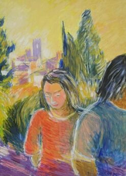 French Modernist Signed Oil, Figures in Golden Green Landscape