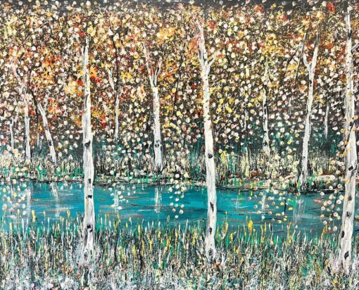 Modern British Symbolist Oil Painting Trees Dappled Light in Woodland