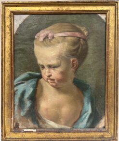 1800’s French Rococo Oil Portrait of Young Girl Pink Bow Blue Dress to restore