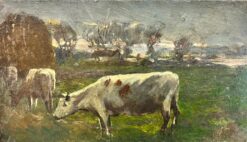 Antique Victorian English Oil Cow's Munching