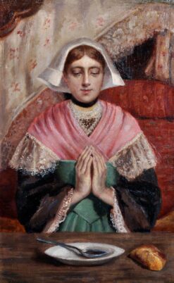 1800-1899 Belgian Realist Oil Painting - Young Lady Saying Grace at Supper