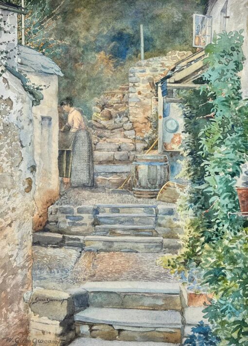 Fine 1900’s English Watercolour Painting Lady by Cottage Steps Signed