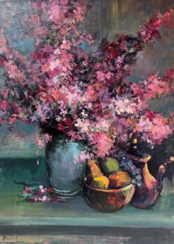Large French Post Impressionist Signed Oil Purple & Pink Flowers in Vase