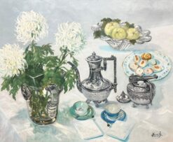 Mid Century French Oil Painting Fine Silver & China Tea Table Interior signed