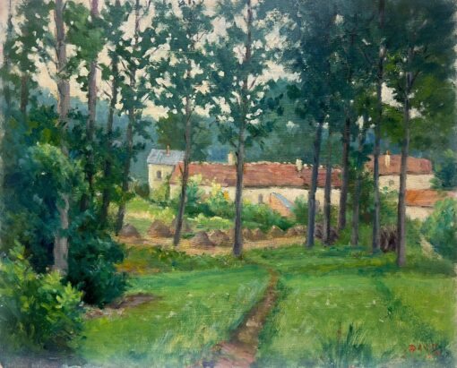 Mid 1900-1999 French Impressionist Oil Farm Buildings in Sunny Green Fields