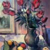 Large French Post-Impressionist Signed Oil Tulips, Apples & Pears Still Life