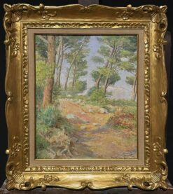 French Impressionist Signed Oil Painting Cote d'Azur Coastal Pathway with Trees