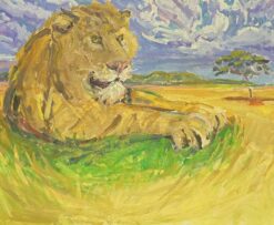 Large Impressionist Signed Oil Painting - Lion resting in Landscape