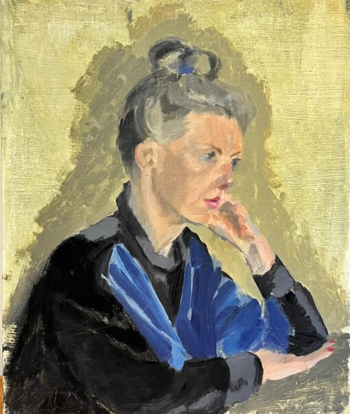 1900-1999 English Oil Portrait of Lady with Hair Tied Up, yellow background