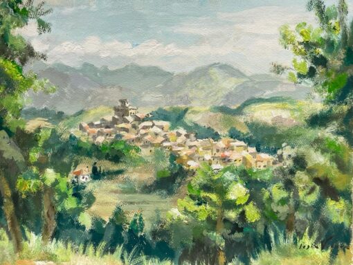 Sleepy Provence Tow in Lush Green Landscape Mid 1900-1999 French Oil Painting