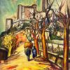 1960’s French Oil Provençal Village Figure Walking with Donkey Post Impressionis