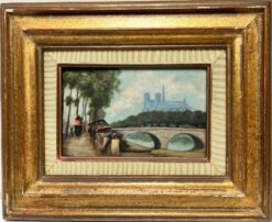 Mid 1900-1999 French Signed Oil River Seine Paris Notre Dame Book sellers