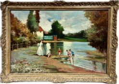 Huge Spanish Signed Oil Children & Mother Playing in River Summer Landscape