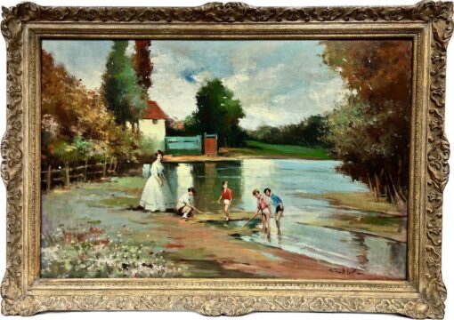 Huge Spanish Signed Oil Children & Mother Playing in River Summer Landscape