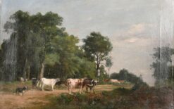 1800-1899 French Barbizon Signed Oil Painting Cattle & Dog in Rural Lane
