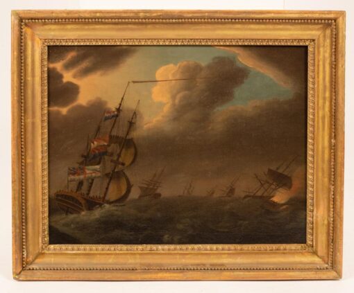 Fine 1700 - 1799 British Marine Oil Painting Naval Shipping in Stormy Seas