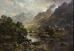 Fine 1800-1899 Scottish Highlands Oil Painting Boat in River Landscape, frame